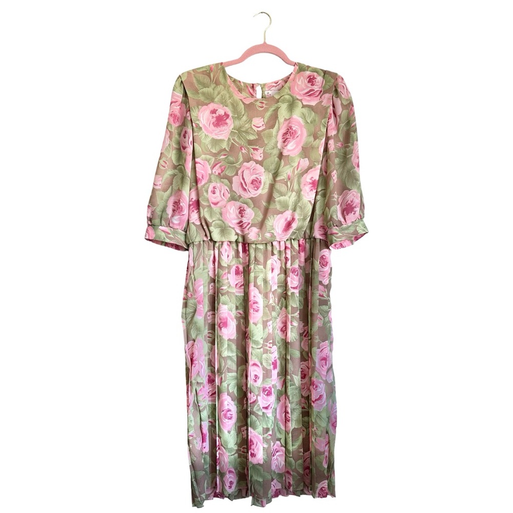 80's Vintage Caroline Wells Floral Cottagecore Pleated Midi Dress 14 Petite EUC
